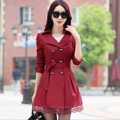 Trencis Sieviešu poga ar divrindu mežģīnēm Sieviešu pavasara un rudens mēteļi 11 krāsu vējjaka virsdrēbes, izmērs M-3XL, ielas apģērbs