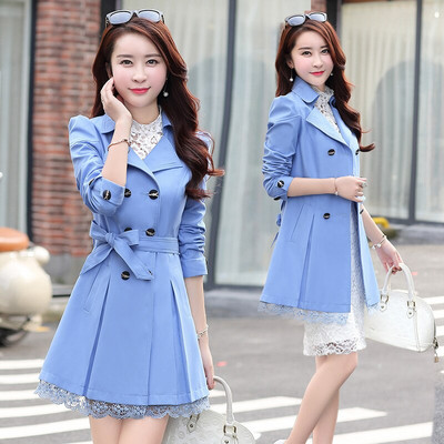 Trencis Sieviešu poga ar divrindu mežģīnēm Sieviešu pavasara un rudens mēteļi 11 krāsu vējjaka virsdrēbes, izmērs M-3XL, ielas apģērbs