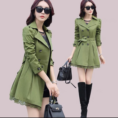 Trencis Sieviešu poga ar divrindu mežģīnēm Sieviešu pavasara un rudens mēteļi 11 krāsu vējjaka virsdrēbes, izmērs M-3XL, ielas apģērbs