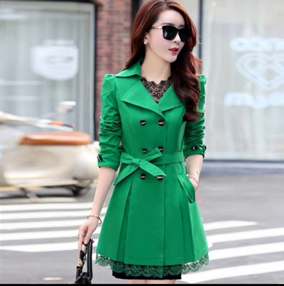 Trencis Sieviešu poga ar divrindu mežģīnēm Sieviešu pavasara un rudens mēteļi 11 krāsu vējjaka virsdrēbes, izmērs M-3XL, ielas apģērbs