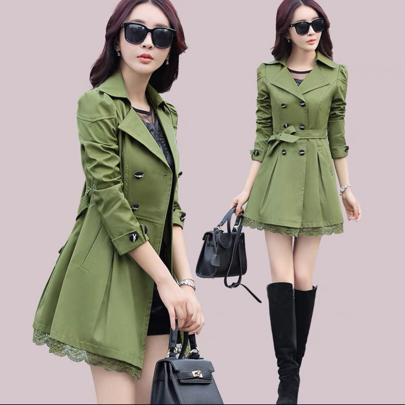 Trencis Sieviešu poga ar divrindu mežģīnēm Sieviešu pavasara un rudens mēteļi 11 krāsu vējjaka virsdrēbes, izmērs M-3XL, ielas apģērbs