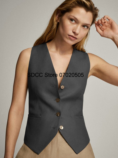 Γυναικείο γιλέκο Casual Slim Fit Μονόχρωμο λινό με λαιμόκοψη V-λαιμόκοψη Αμάνικο μπουφάν μονόστομο