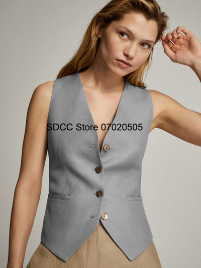 Γυναικείο γιλέκο Casual Slim Fit Μονόχρωμο λινό με λαιμόκοψη V-λαιμόκοψη Αμάνικο μπουφάν μονόστομο