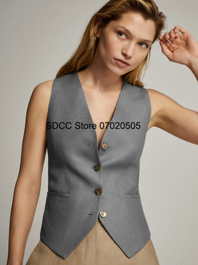 Γυναικείο γιλέκο Casual Slim Fit Μονόχρωμο λινό με λαιμόκοψη V-λαιμόκοψη Αμάνικο μπουφάν μονόστομο