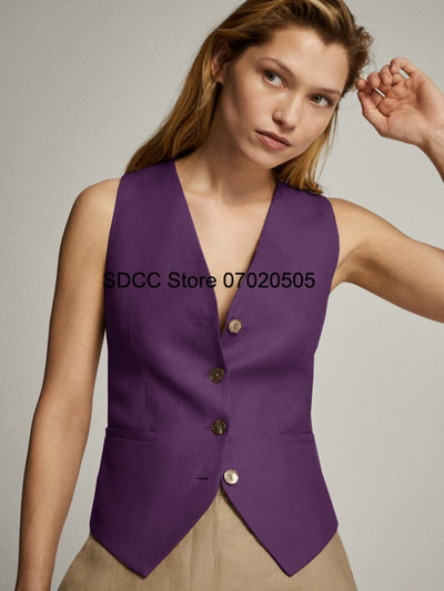 Γυναικείο γιλέκο Casual Slim Fit Μονόχρωμο λινό με λαιμόκοψη V-λαιμόκοψη Αμάνικο μπουφάν μονόστομο