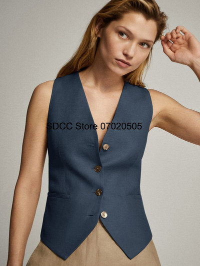 Γυναικείο γιλέκο Casual Slim Fit Μονόχρωμο λινό με λαιμόκοψη V-λαιμόκοψη Αμάνικο μπουφάν μονόστομο