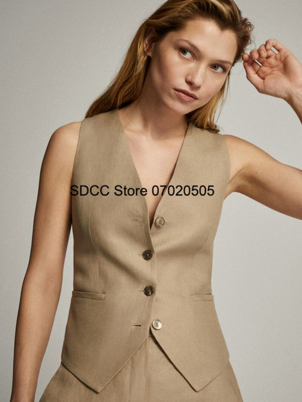 Γυναικείο γιλέκο Casual Slim Fit Μονόχρωμο λινό με λαιμόκοψη V-λαιμόκοψη Αμάνικο μπουφάν μονόστομο