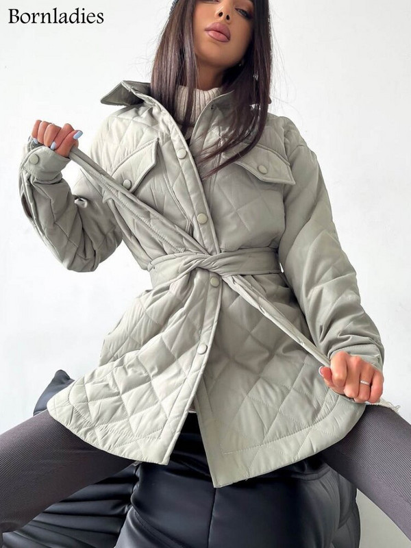 Bornladies rūtainā stepēta jaka Sieviešu brīvs, plāns puffer parka mētelis Vintage jostas virsdrēbes rudens ziemas sieviešu oversize mētelis