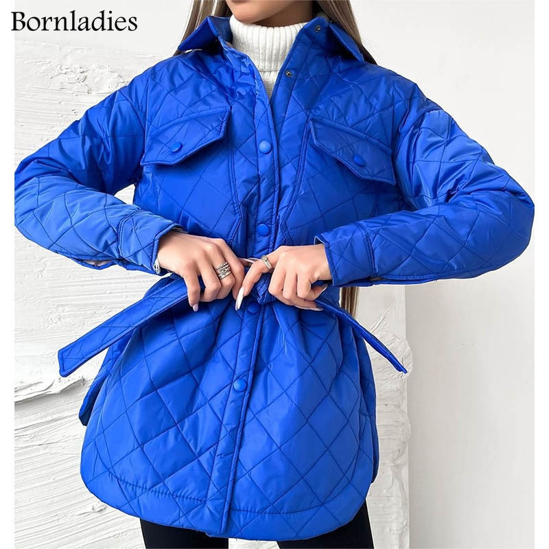 Bornladies rūtainā stepēta jaka Sieviešu brīvs, plāns puffer parka mētelis Vintage jostas virsdrēbes rudens ziemas sieviešu oversize mētelis