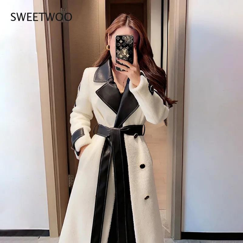 Augstākās klases vienrindas vilnas mētelis, jauns elegants temperamenta kontrasta šuves vidēja garuma sieviešu modes tendence plīša virsjaka