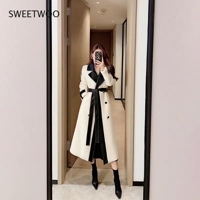 Augstākās klases vienrindas vilnas mētelis, jauns elegants temperamenta kontrasta šuves vidēja garuma sieviešu modes tendence plīša virsjaka