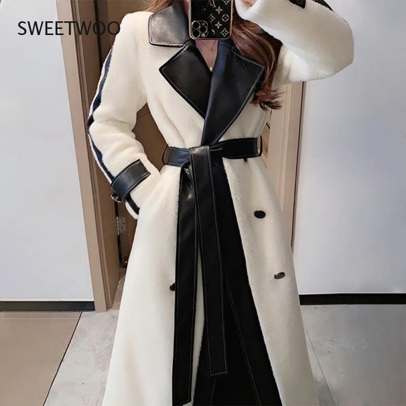 Augstākās klases vienrindas vilnas mētelis, jauns elegants temperamenta kontrasta šuves vidēja garuma sieviešu modes tendence plīša virsjaka