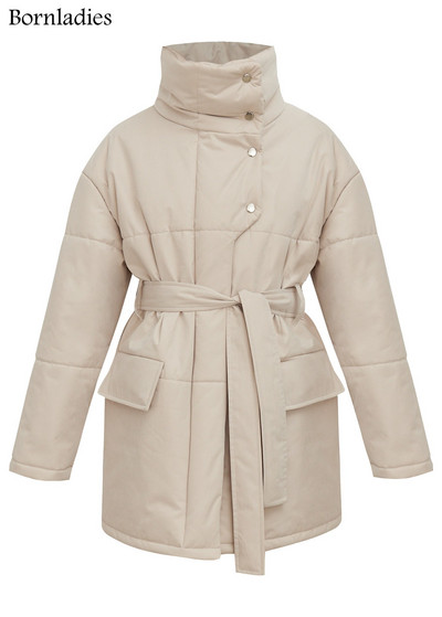 Bornladies stepēta jaka Sieviešu ziemas brīvs parka mētelis vintage virsdrēbes ar jostu Sieviešu siltas kokvilnas jakas