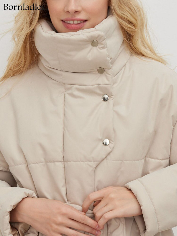 Bornladies stepēta jaka Sieviešu ziemas brīvs parka mētelis vintage virsdrēbes ar jostu Sieviešu siltas kokvilnas jakas