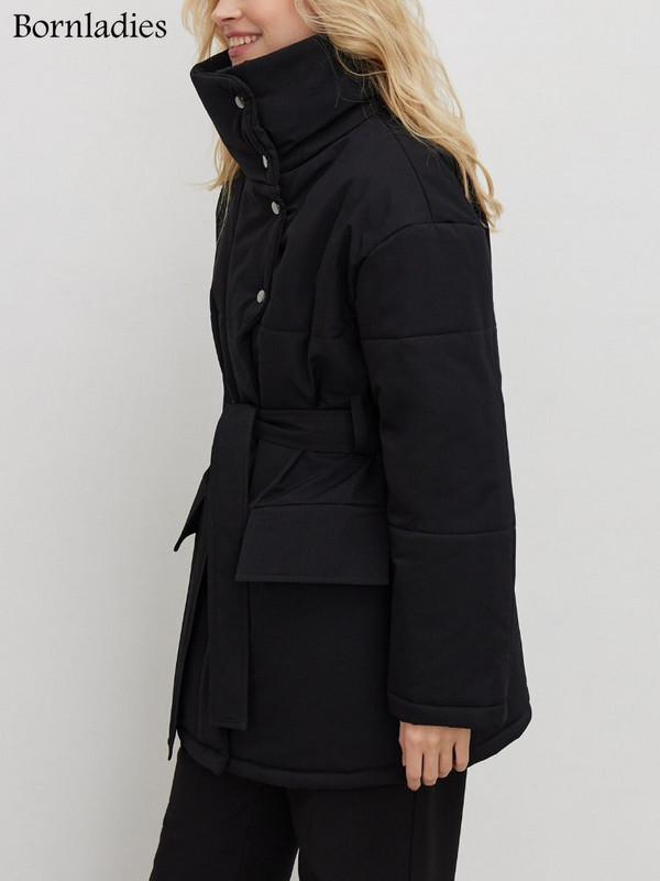 Bornladies stepēta jaka Sieviešu ziemas brīvs parka mētelis vintage virsdrēbes ar jostu Sieviešu siltas kokvilnas jakas