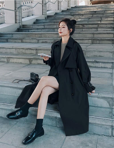 Brīva, retro stila, divrindu melna haki krāsas vējjaka sievietēm