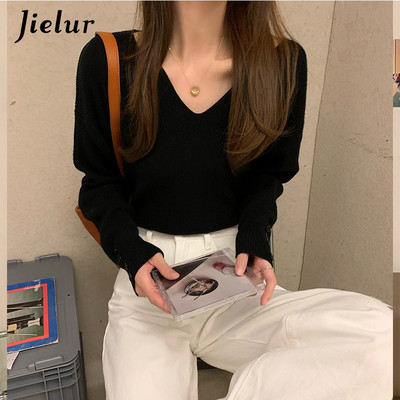 Jielur 5 Colors Winter Basic džemperis sievietēm korejiešu brīvi džemperi ar V veida kakla izgriezumu Sieviešu tops Rudens brūns aprikožu pulovers Trikotāža