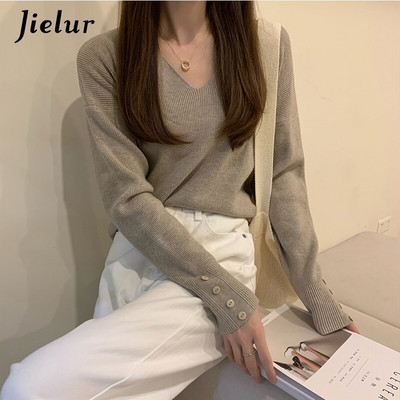 Jielur 5 Colors Winter Basic džemperis sievietēm korejiešu brīvi džemperi ar V veida kakla izgriezumu Sieviešu tops Rudens brūns aprikožu pulovers Trikotāža