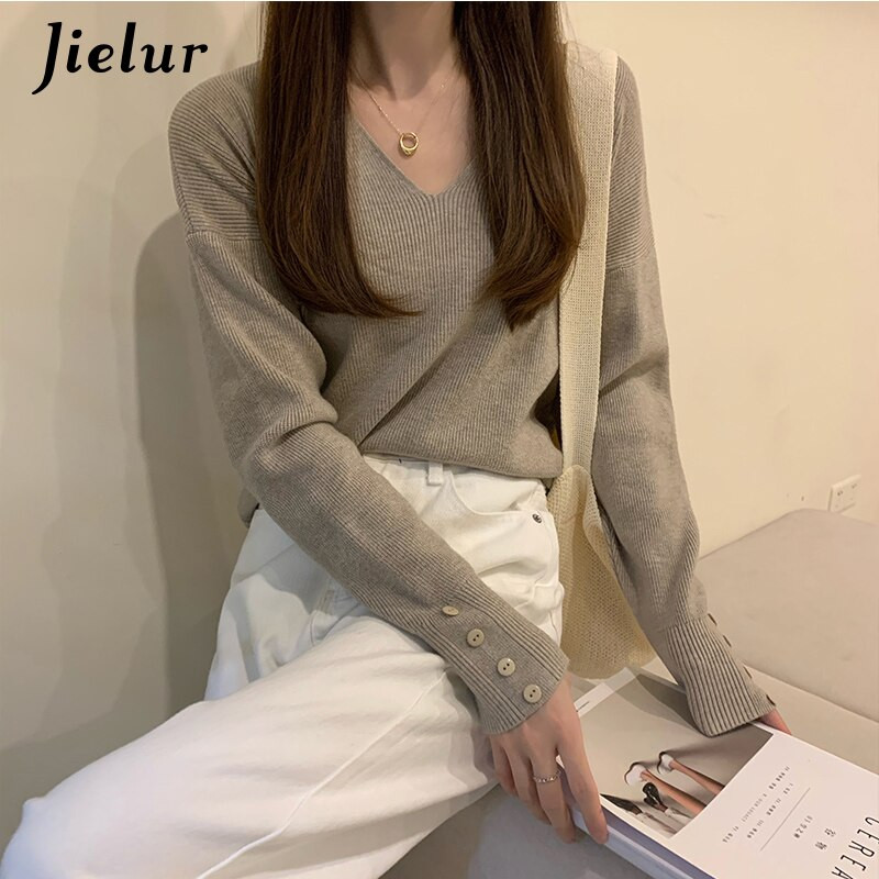 Jielur 5 Colors Winter Basic džemperis sievietēm korejiešu brīvi džemperi ar V veida kakla izgriezumu Sieviešu tops Rudens brūns aprikožu pulovers Trikotāža