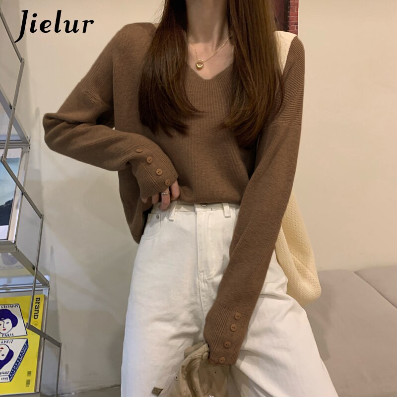 Jielur 5 Colors Winter Basic džemperis sievietēm korejiešu brīvi džemperi ar V veida kakla izgriezumu Sieviešu tops Rudens brūns aprikožu pulovers Trikotāža