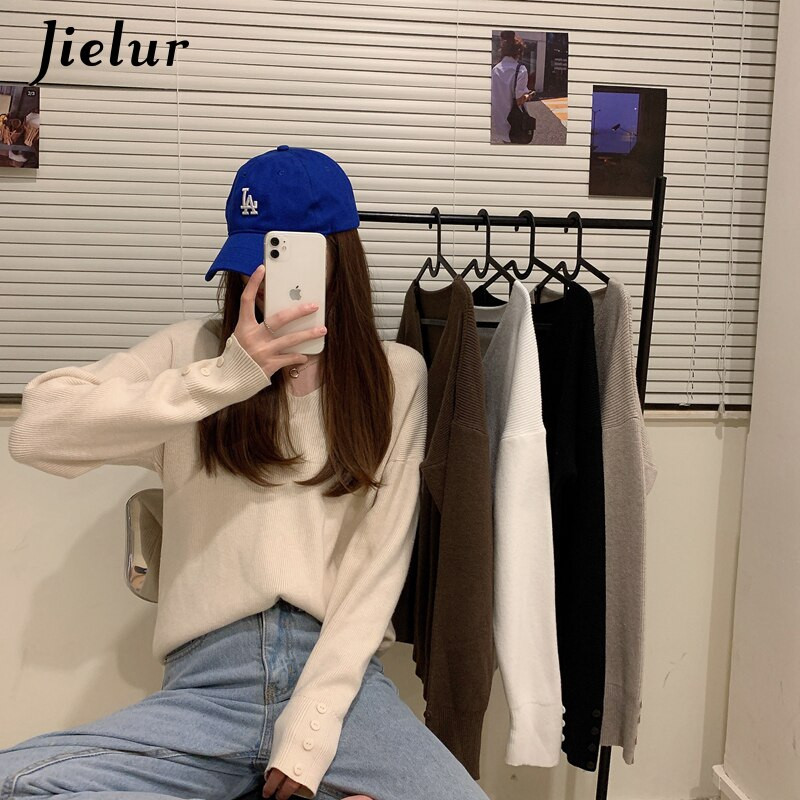 Jielur 5 Colors Winter Basic džemperis sievietēm korejiešu brīvi džemperi ar V veida kakla izgriezumu Sieviešu tops Rudens brūns aprikožu pulovers Trikotāža
