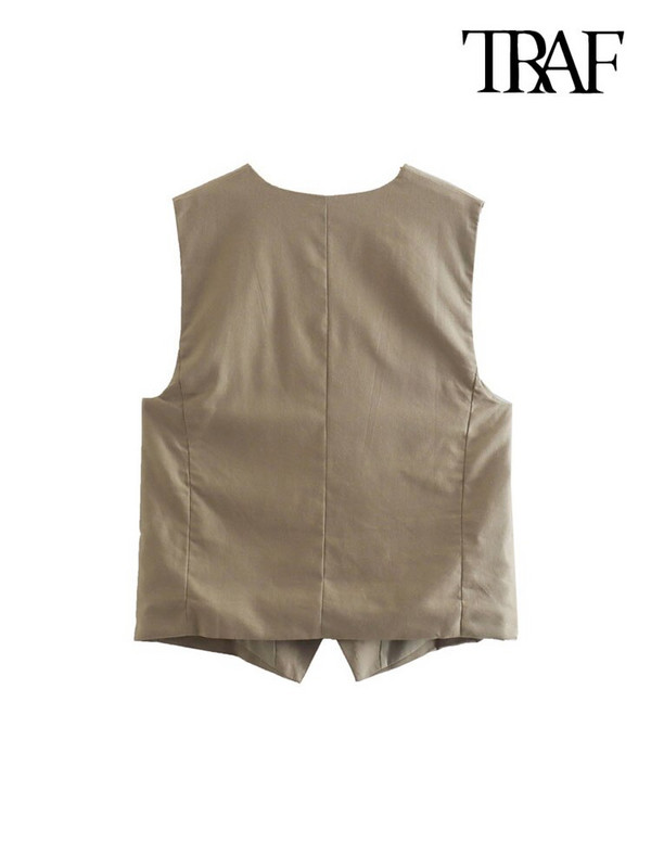 TRAF Γυναικεία μόδα μπροστά Ψεύτικες τσέπες λινό γιλέκο Vintage μπροστινά αμάνικα κουμπιά Γυναικεία πανωφόρια κομψά μπλουζάκια