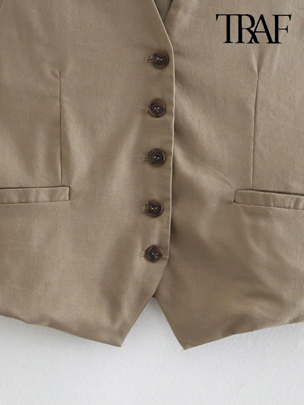 TRAF Γυναικεία μόδα μπροστά Ψεύτικες τσέπες λινό γιλέκο Vintage μπροστινά αμάνικα κουμπιά Γυναικεία πανωφόρια κομψά μπλουζάκια