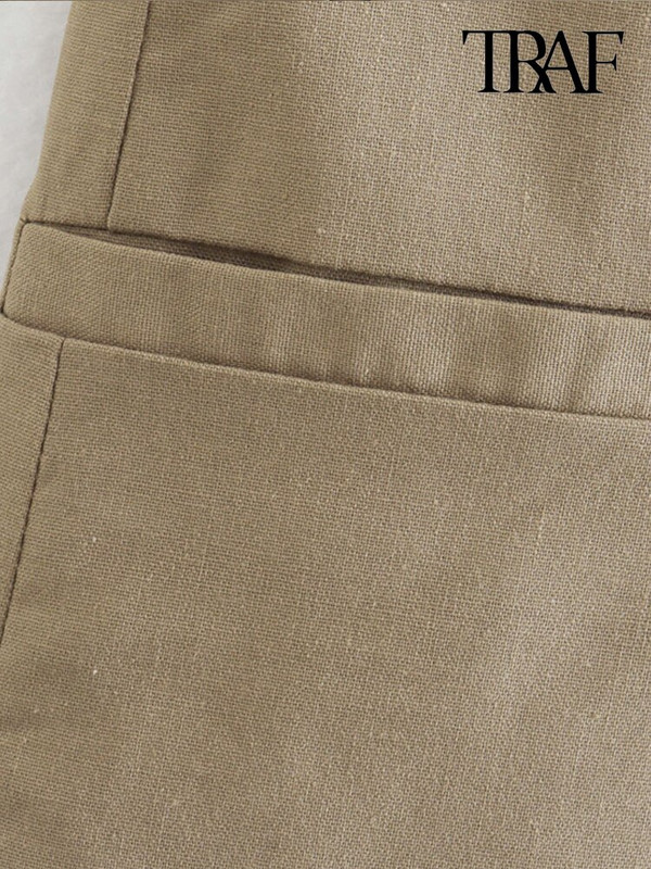 TRAF Γυναικεία μόδα μπροστά Ψεύτικες τσέπες λινό γιλέκο Vintage μπροστινά αμάνικα κουμπιά Γυναικεία πανωφόρια κομψά μπλουζάκια