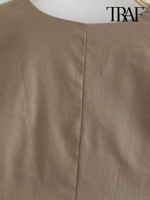 TRAF Γυναικεία μόδα μπροστά Ψεύτικες τσέπες λινό γιλέκο Vintage μπροστινά αμάνικα κουμπιά Γυναικεία πανωφόρια κομψά μπλουζάκια