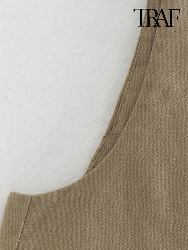 TRAF Γυναικεία μόδα μπροστά Ψεύτικες τσέπες λινό γιλέκο Vintage μπροστινά αμάνικα κουμπιά Γυναικεία πανωφόρια κομψά μπλουζάκια