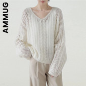 Ammug Γυναικείο πουλόβερ V λαιμόκοψη Πλεκτό Μόδα Γλυκό Κομψό Γυναικείο Πουλόβερ Μαλακό κορίτσι Γυναικείο πουλόβερ 2022 Κορεάτικα φθηνά γυναικεία μπλουζάκια