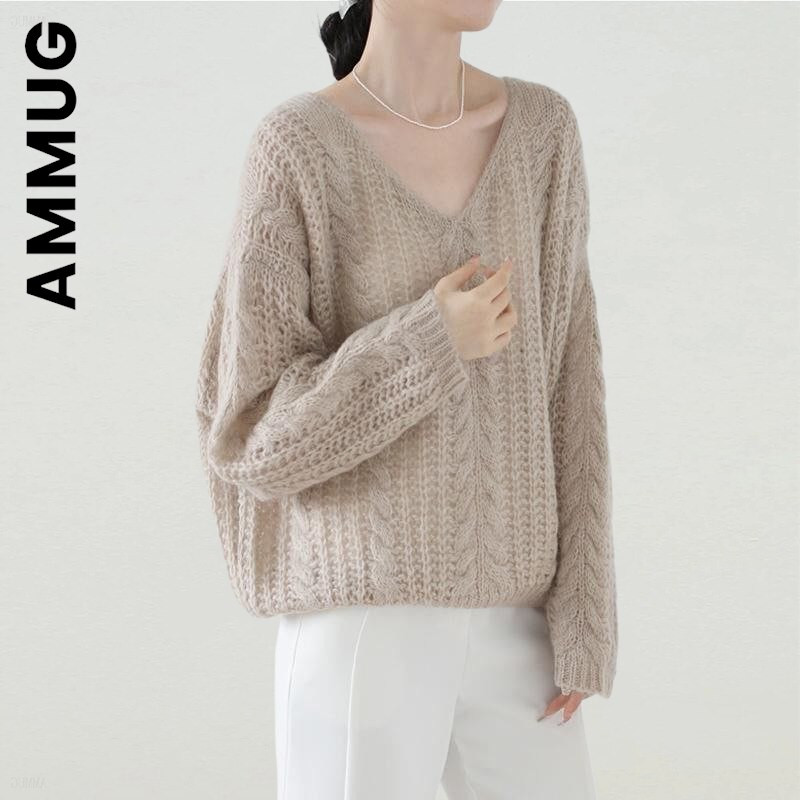 Ammug Γυναικείο πουλόβερ V λαιμόκοψη Πλεκτό Μόδα Γλυκό Κομψό Γυναικείο Πουλόβερ Μαλακό κορίτσι Γυναικείο πουλόβερ 2022 Κορεάτικα φθηνά γυναικεία μπλουζάκια