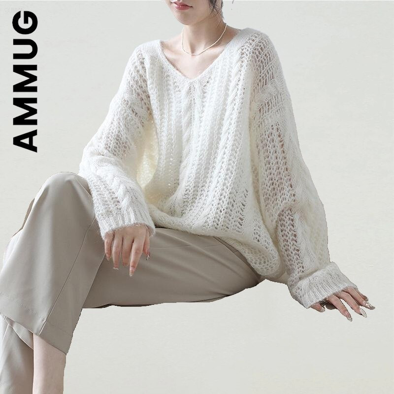 Ammug Γυναικείο πουλόβερ V λαιμόκοψη Πλεκτό Μόδα Γλυκό Κομψό Γυναικείο Πουλόβερ Μαλακό κορίτσι Γυναικείο πουλόβερ 2022 Κορεάτικα φθηνά γυναικεία μπλουζάκια