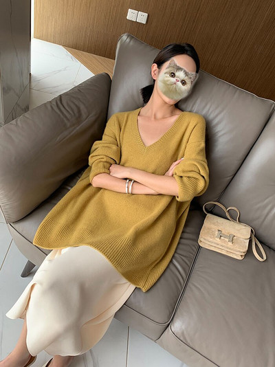 Κασμίρ γυναικείο πουλόβερ μεσαίου μήκους Πουλόβερ με λαιμόκοψη V χαλαρό πουλόβερ 22 φθινόπωρο χειμώνα νέο
