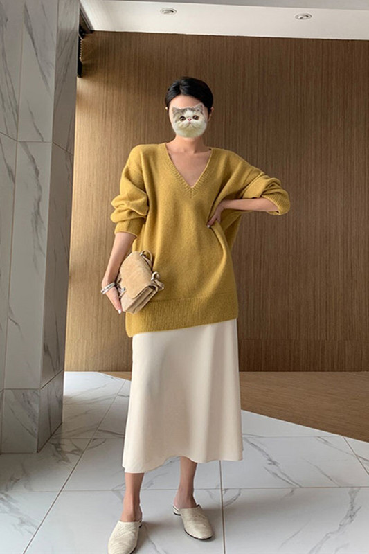 Κασμίρ γυναικείο πουλόβερ μεσαίου μήκους Πουλόβερ με λαιμόκοψη V χαλαρό πουλόβερ 22 φθινόπωρο χειμώνα νέο