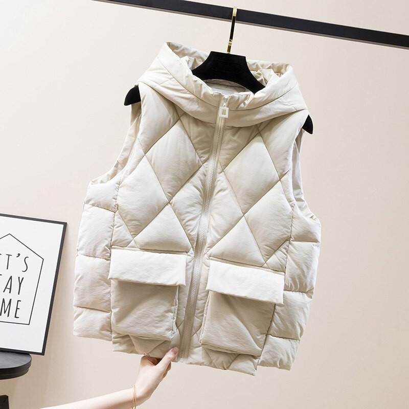 Γυναικείο κοντό γιλέκο 2021, μονόχρωμο κορεάτικο στιλ, αμάνικο χοντρό μπουφάν με κουκούλα Γυναικείο καθημερινό βαμβακερό τζάκετ