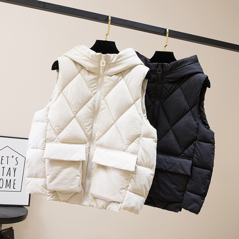Γυναικείο κοντό γιλέκο 2021, μονόχρωμο κορεάτικο στιλ, αμάνικο χοντρό μπουφάν με κουκούλα Γυναικείο καθημερινό βαμβακερό τζάκετ
