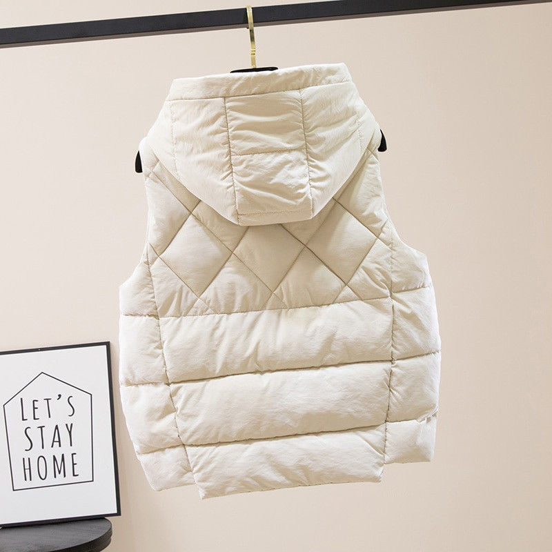 Γυναικείο κοντό γιλέκο 2021, μονόχρωμο κορεάτικο στιλ, αμάνικο χοντρό μπουφάν με κουκούλα Γυναικείο καθημερινό βαμβακερό τζάκετ