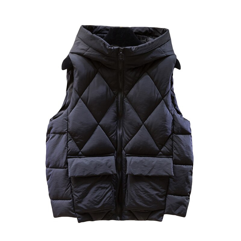 Γυναικείο κοντό γιλέκο 2021, μονόχρωμο κορεάτικο στιλ, αμάνικο χοντρό μπουφάν με κουκούλα Γυναικείο καθημερινό βαμβακερό τζάκετ