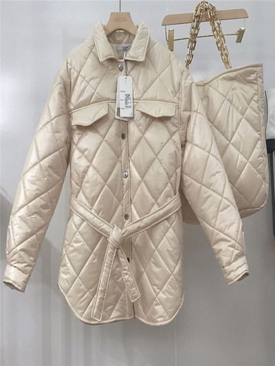 ALPHALMODA 2021 Νέο γυναικείο καπιτονέ δικτυωτό παλτό Sashes Pocket Loose γυναικείο μπουφάν με τσάντες