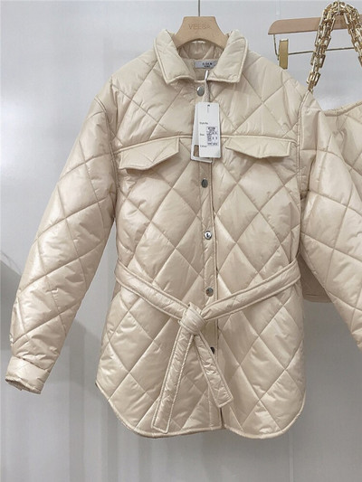 ALPHALMODA 2021 Νέο γυναικείο καπιτονέ δικτυωτό παλτό Sashes Pocket Loose γυναικείο μπουφάν με τσάντες