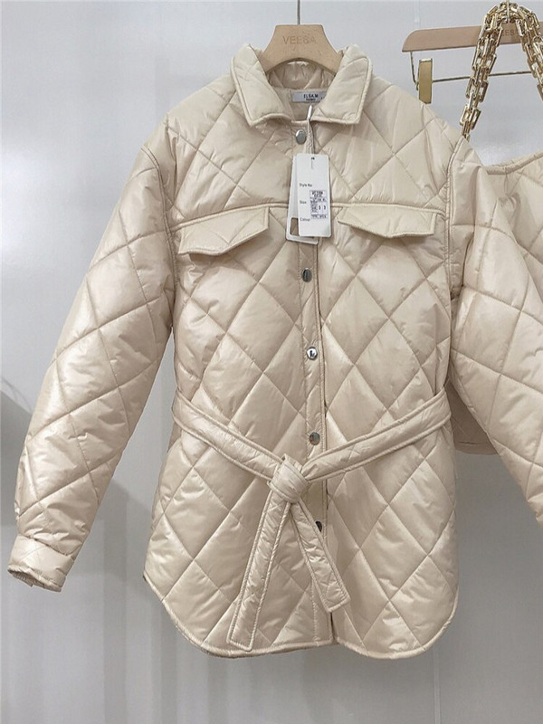 ALPHALMODA 2021 Νέο γυναικείο καπιτονέ δικτυωτό παλτό Sashes Pocket Loose γυναικείο μπουφάν με τσάντες