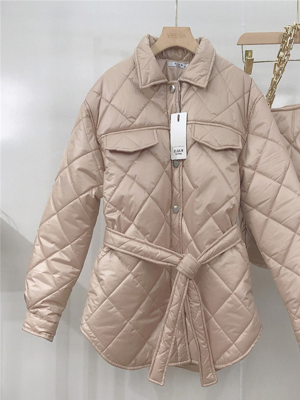 ALPHALMODA 2021 Νέο γυναικείο καπιτονέ δικτυωτό παλτό Sashes Pocket Loose γυναικείο μπουφάν με τσάντες