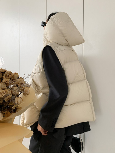 Janveny 90% īpaši viegls balts pīļu dūnu sieviešu veste ar kapuci ziemas bieza maizes dūnu jaka bez piedurknēm sieviešu brīvi žogu virsdrēbes