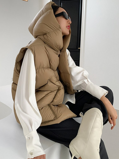 Janveny 90% īpaši viegls balts pīļu dūnu sieviešu veste ar kapuci ziemas bieza maizes dūnu jaka bez piedurknēm sieviešu brīvi žogu virsdrēbes