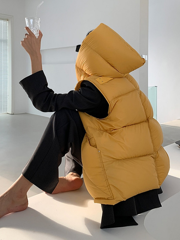 Janveny 90% īpaši viegls balts pīļu dūnu sieviešu veste ar kapuci ziemas bieza maizes dūnu jaka bez piedurknēm sieviešu brīvi žogu virsdrēbes