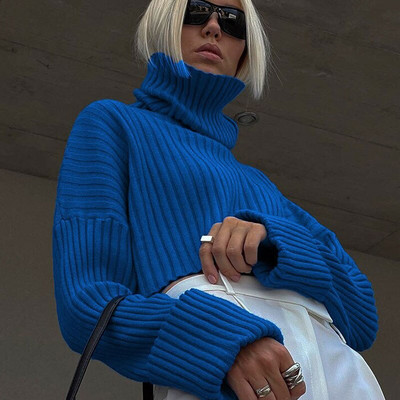 Rudens trikotāžas silti džemperi ar bruņurupuču apkakli Sievietēm ziemas zili ikdienišķi, brīvām piedurknēm sieviešu puloveri, džemperi ar garām piedurknēm