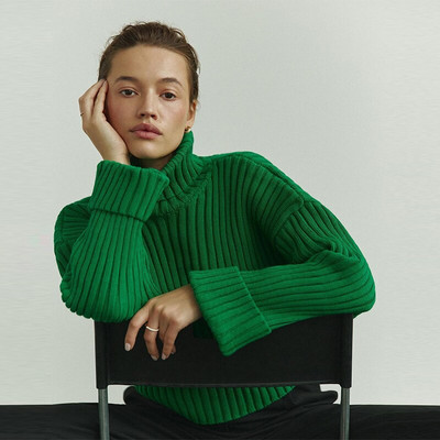 Rudens trikotāžas silti džemperi ar bruņurupuču apkakli Sievietēm ziemas zili ikdienišķi, brīvām piedurknēm sieviešu puloveri, džemperi ar garām piedurknēm