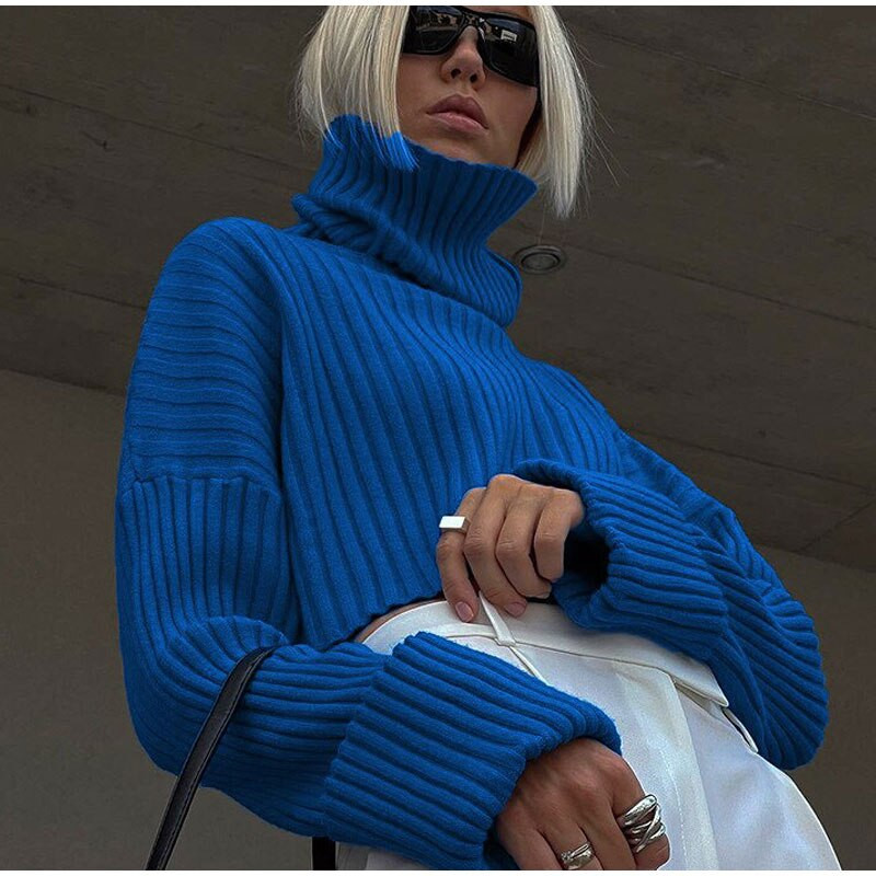 Rudens trikotāžas silti džemperi ar bruņurupuču apkakli Sievietēm ziemas zili ikdienišķi, brīvām piedurknēm sieviešu puloveri, džemperi ar garām piedurknēm