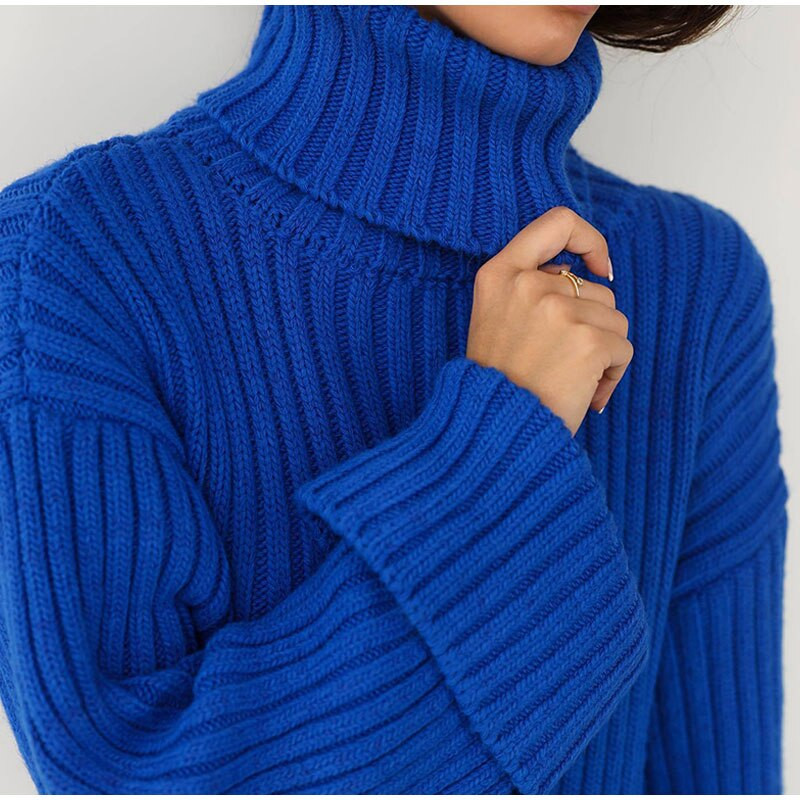 Rudens trikotāžas silti džemperi ar bruņurupuču apkakli Sievietēm ziemas zili ikdienišķi, brīvām piedurknēm sieviešu puloveri, džemperi ar garām piedurknēm